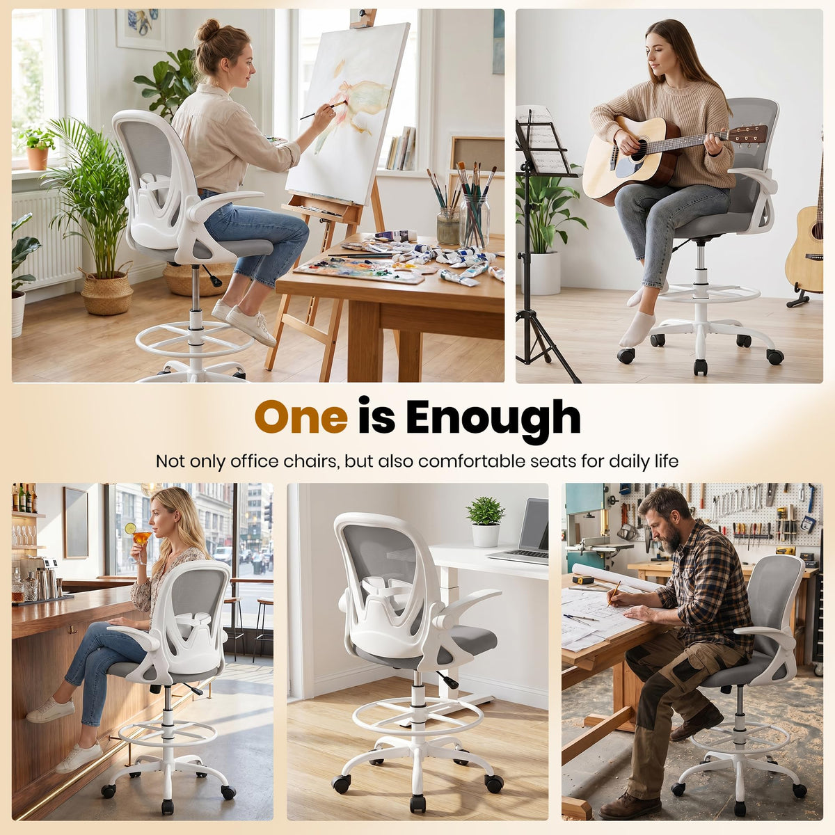 Drafting Chair Tall Office Chair with Flip-up Armrests, Adjustable Height, and Enhanced Lumbar Support - Ergonomic Rolling Stool, Back Support, and Adjustable Foot Rest Ring for Standing Desk White
