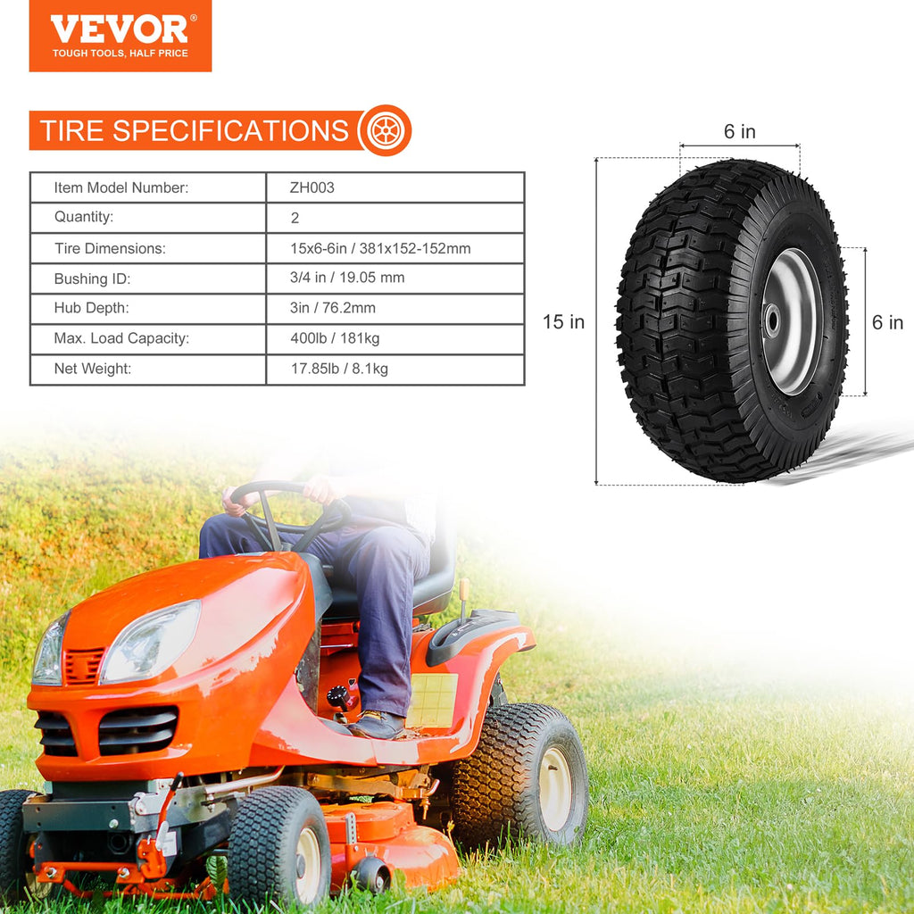 VEVOR Lawn Mower Tires with Rim, 20x8-8" Tubeless Tractor Tires, 2-Pack Tire and Wheel Assembly, S-Turf Pneumatic Tires with 3.5" Offset Hub and 3/4" Bushing Size, for Riding Mowers Lawn Tractors