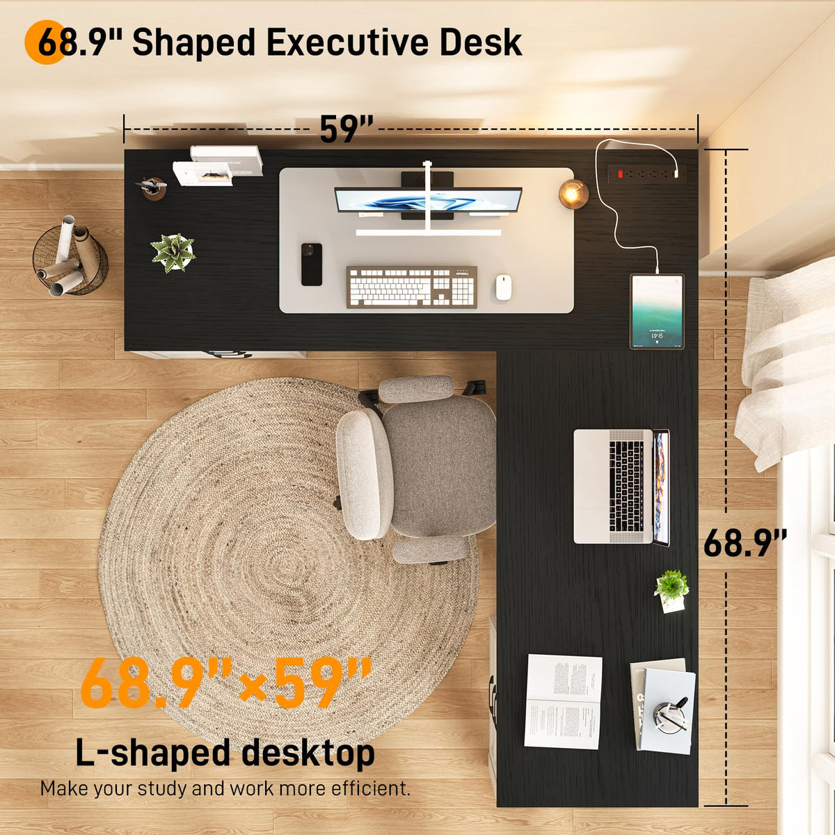 Halitaa Farmhouse Home Office Desk with 6 Drawers, L Shaped Executive Desk with Power Outlets and Triangle Under-Desk Storage Shelf & Drawer File Cabinet, Corner Computer Desk, Grey