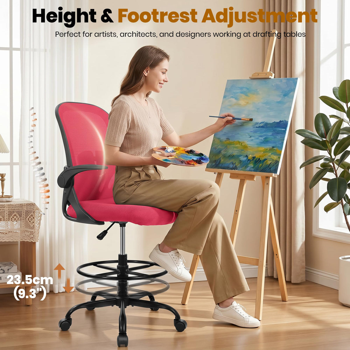 Drafting Chair Tall Office Chair with Flip-up Armrests, Adjustable Height, and Enhanced Lumbar Support - Ergonomic Rolling Stool, Back Support, and Adjustable Foot Rest Ring for Standing Desk White