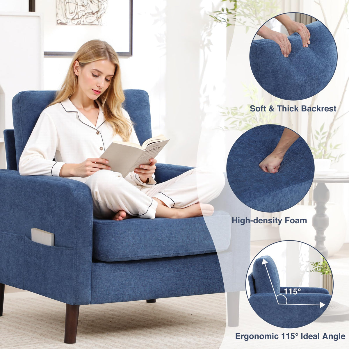 Accent Chair Set of 2, Upholstered Living Room Chairs with Wood Legs and Side Pockets, Modern Reading Chair for Bedroom, Armchair Single Sofa Side Chair for Office, Small Room, Dark Grey