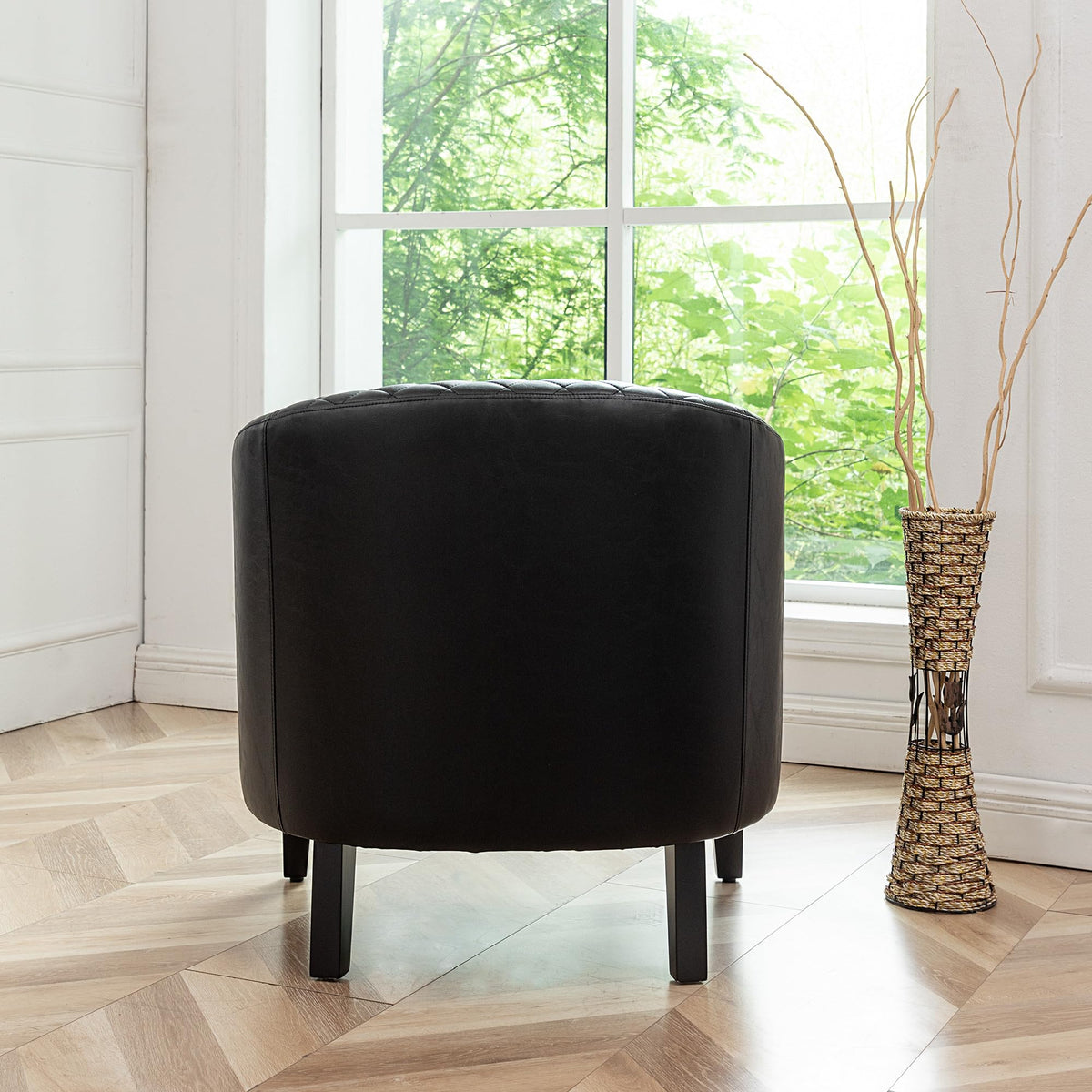 KINWELL 29" W Faux Leather Tufted PU Barrel Club Chairs Set of 2, Black