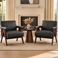 Mid Century Modern Black Faux Leather Accent Chair Set 2 Solid Wood Frame