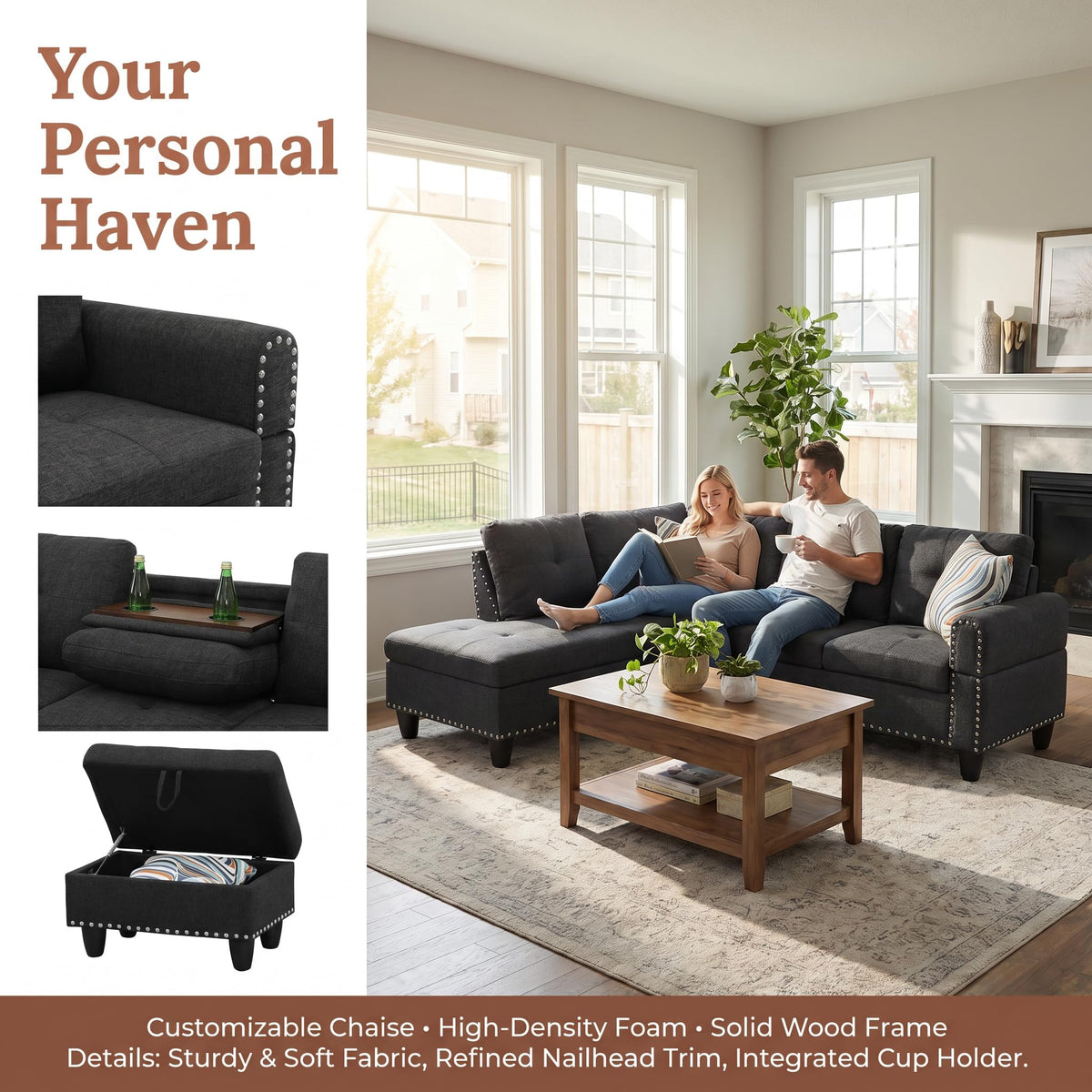 97.5" Leather L Shaped Couch with Left Chaise & Cup Holder, Sectional Sofas Modular Furniture Set with Storage Ottoman, Convertible Couches for Living Room, Office & Small Space (Black)