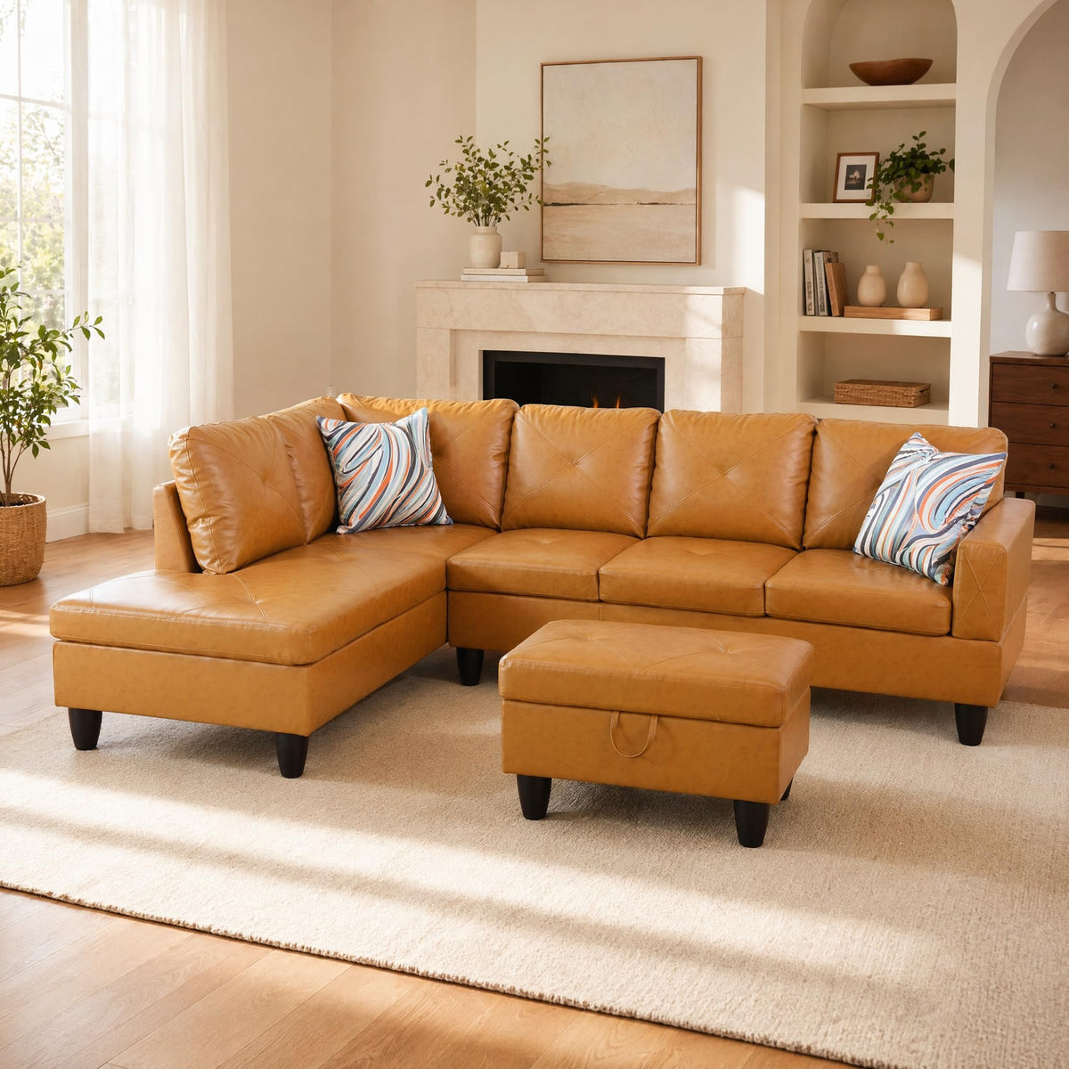 97.5" Leather L Shaped Couch with Left Chaise & Cup Holder, Sectional Sofas Modular Furniture Set with Storage Ottoman, Convertible Couches for Living Room, Office & Small Space (Black)