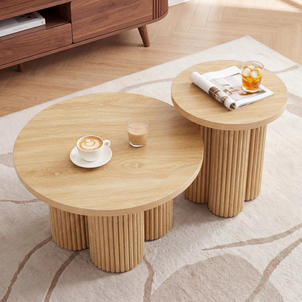Round Nesting Coffee Table Set of 3 Fluted Coffee Table (Natural)
