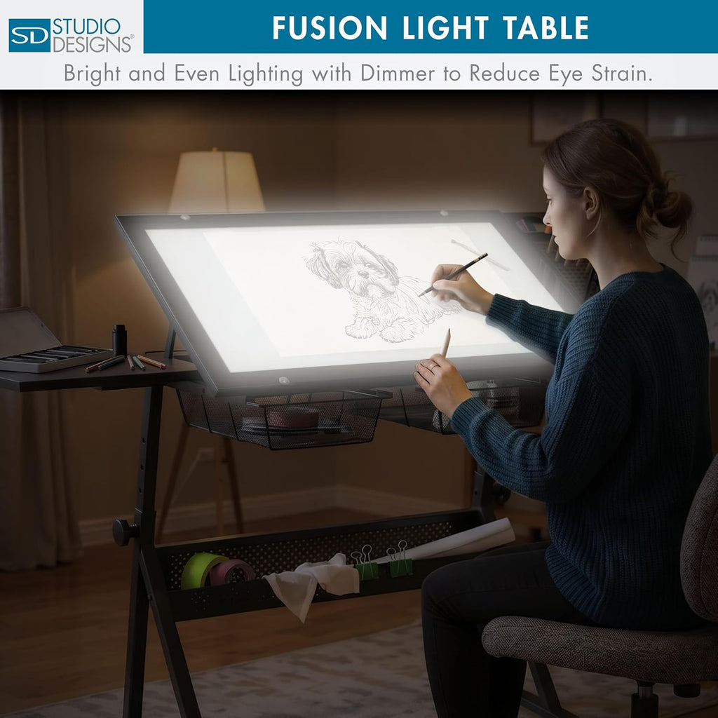 Studio Designs Fusion Drafting Table with Integrated LED Light Pad, Height & Angle Adjustable Tempered Glass Light Table, Artograph Light Pad, Storage Drawers & Side Shelf