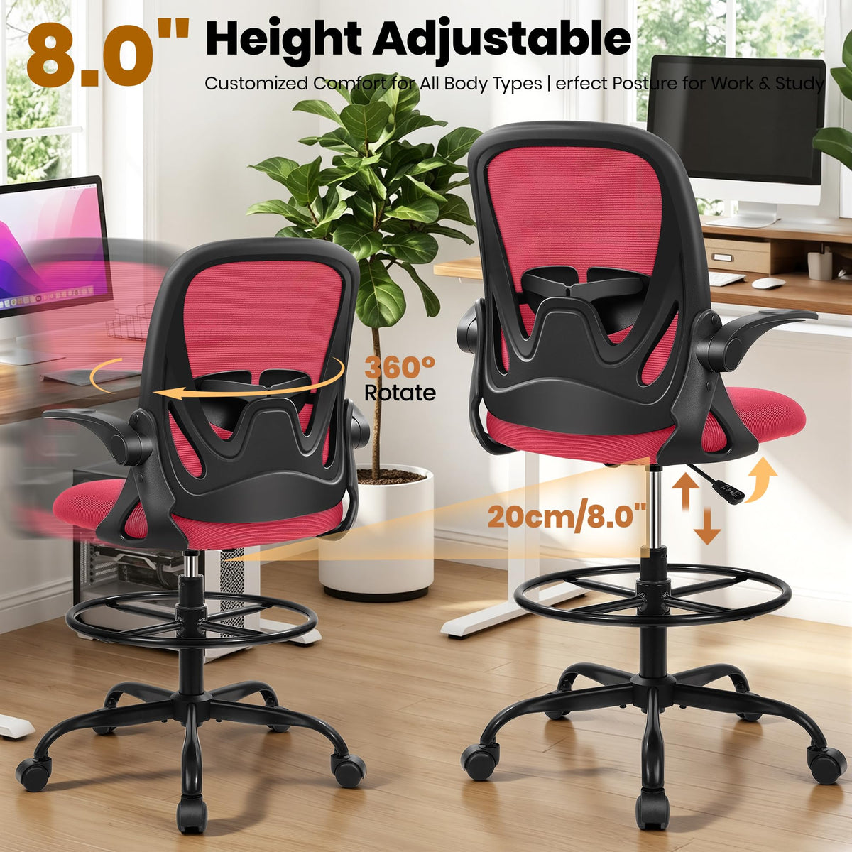 Drafting Chair Tall Office Chair with Flip-up Armrests, Adjustable Height, and Enhanced Lumbar Support - Ergonomic Rolling Stool, Back Support, and Adjustable Foot Rest Ring for Standing Desk White