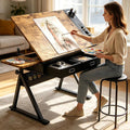 Height Adjustable Tilt Drafting Table with 2 Storage Drawers & Stool Brown