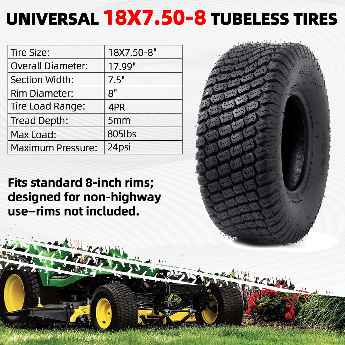 AR-PRO (2 Pack) 20x8.00-8 Lawn Mower Turf Tires, Tubeless, No Rims