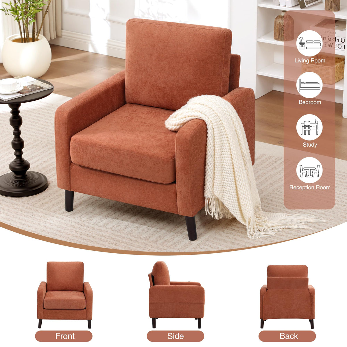 Accent Chair Set of 2, Upholstered Living Room Chairs with Wood Legs and Side Pockets, Modern Reading Chair for Bedroom, Armchair Single Sofa Side Chair for Office, Small Room, Dark Grey