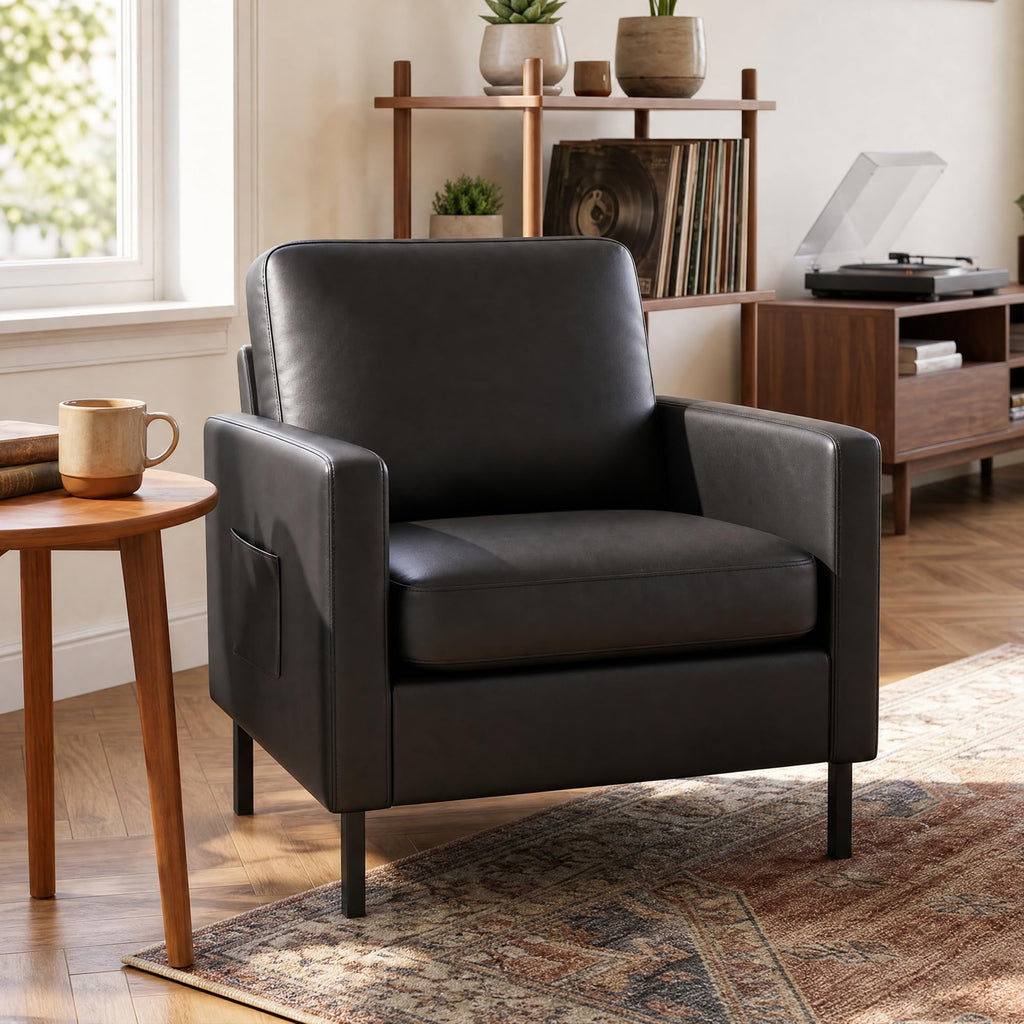 Mid Century Black Leather Mordern Accent Chairs Set of 2 for Living Room