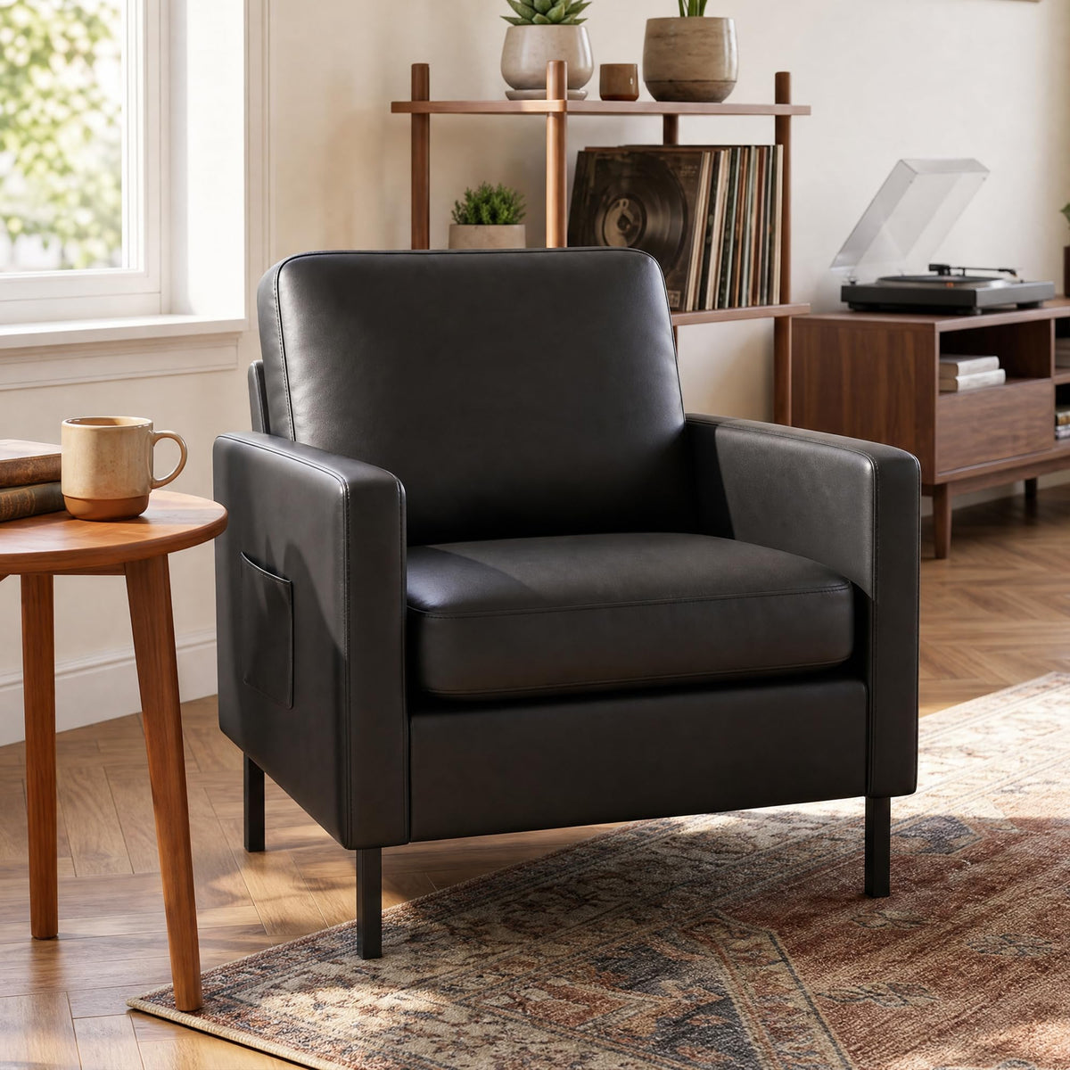 Mid Century Black Leather Mordern Accent Chairs Set of 2 for Living Room