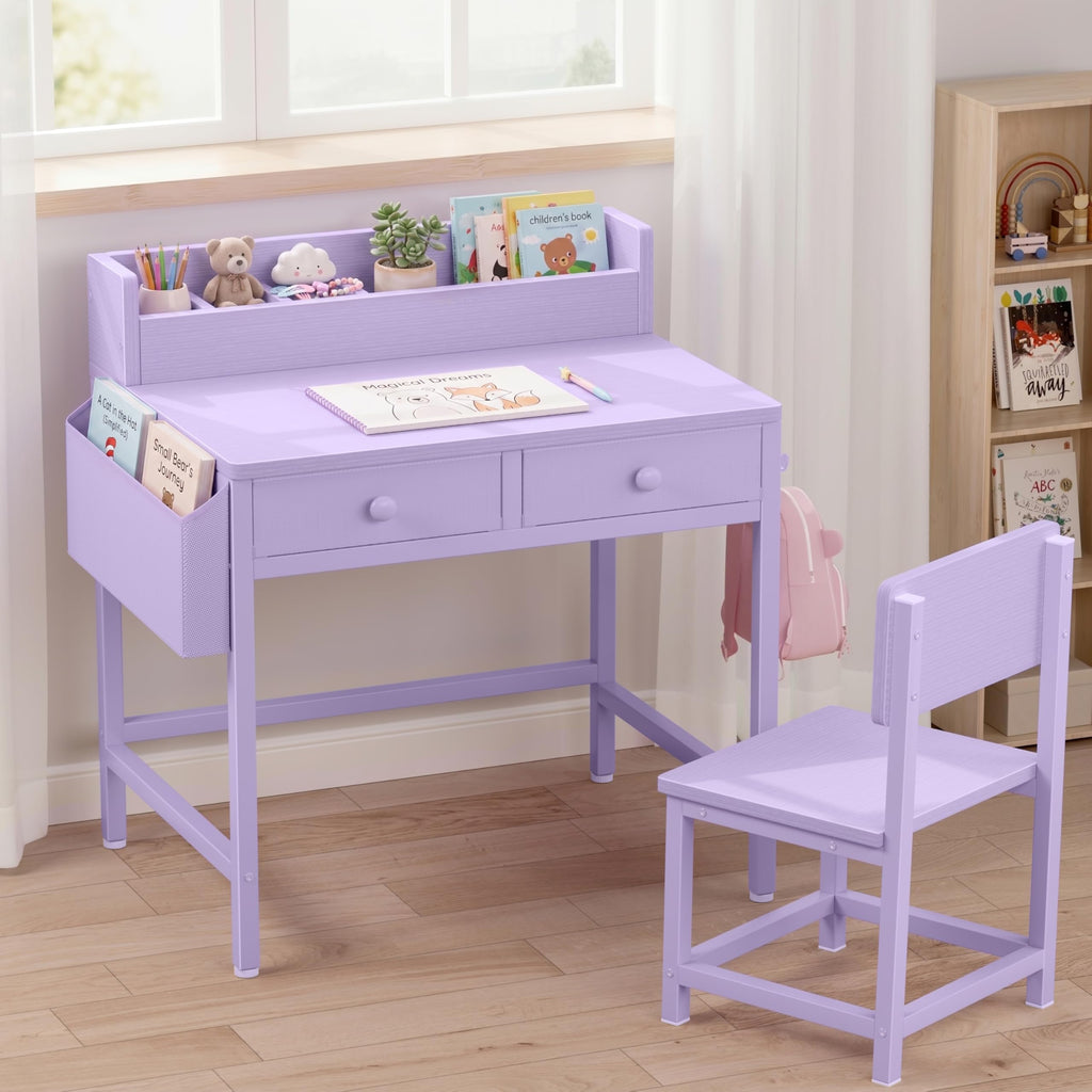 BOLUO White Kids Desk and Chair Set for 5-8 Year Old, Small Child Desk with Fabric Drawer, Children Study Table with Storage Toddler Girls Boys