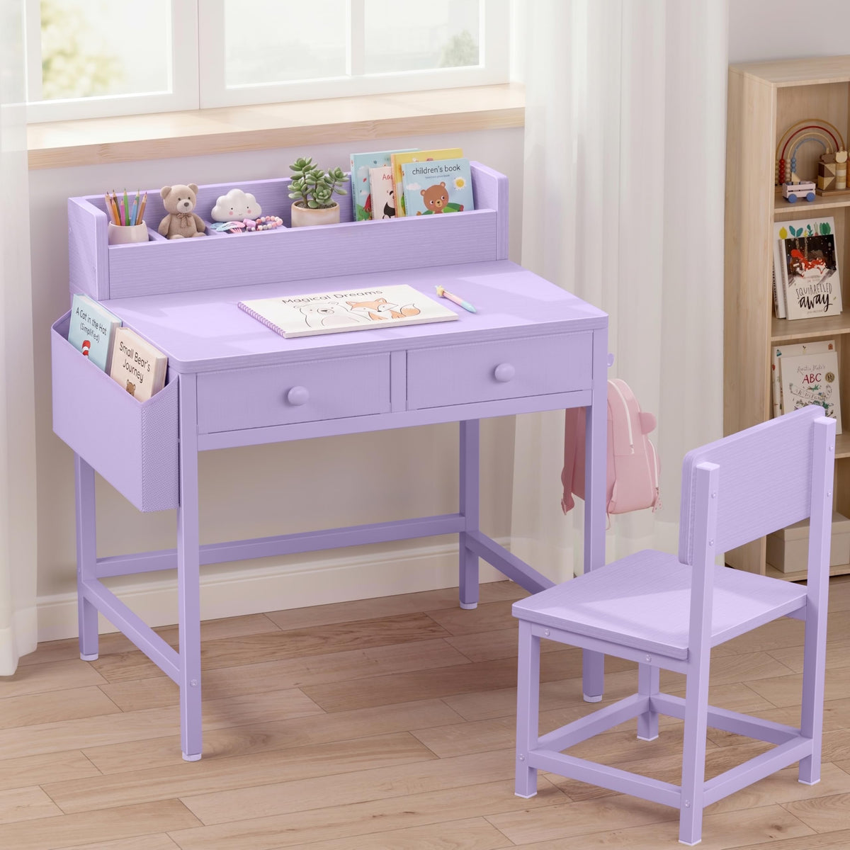 BOLUO White Kids Desk and Chair Set for 5-8 Year Old, Small Child Desk with Fabric Drawer, Children Study Table with Storage Toddler Girls Boys