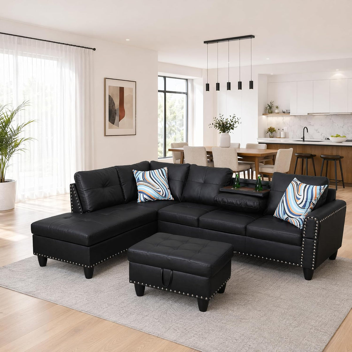 97.5" L-Shaped Modular Sectional Sofa with Movable Chaise & Storage Ottoman, 3 Piece Convertible Leather Couch, 4 Seat Gloss Black Living Room Furniture Set for Apartment Home Office