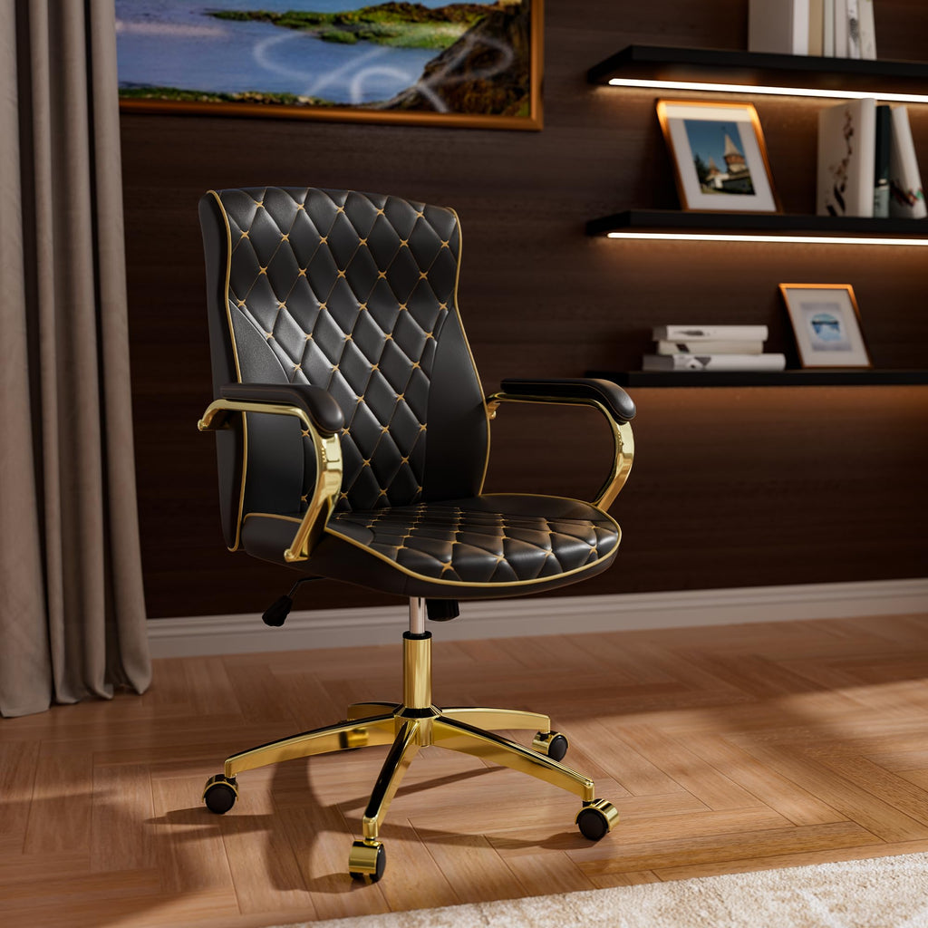 HomeZeer White and Gold Office Chair, Luxury Leather Executive Desk Chair