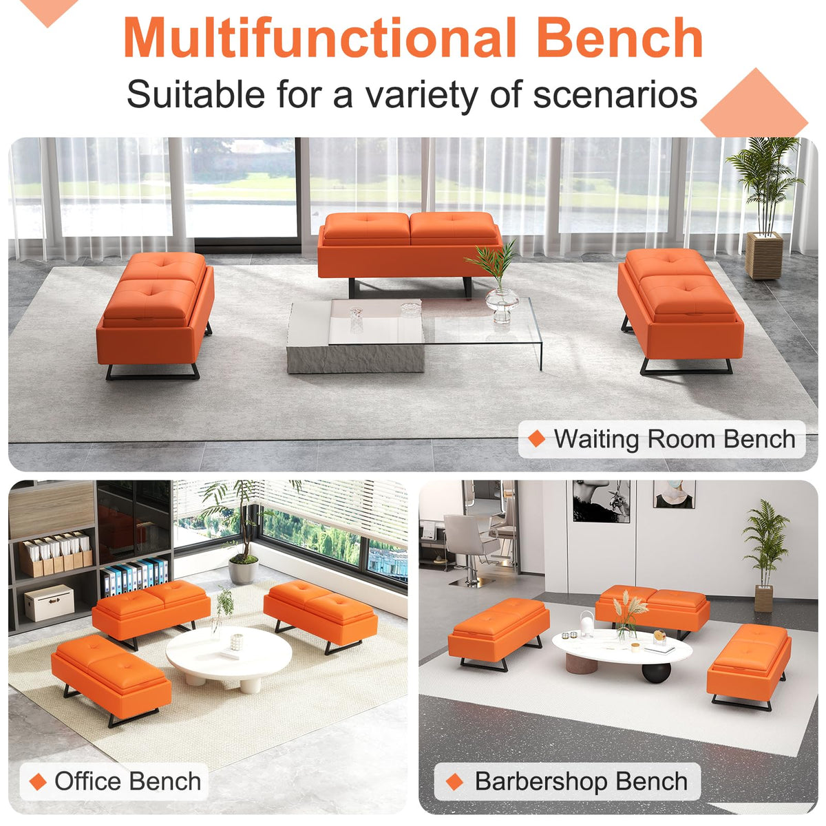 MOTION Leather Bench Waiting Room Chairs - 3 Seat Office Guest Reception Bench with Cushion, Waiting Room Bench Seating, Office Furniture Lobby Chairs for Salon, Shop, Set of 2, Orange