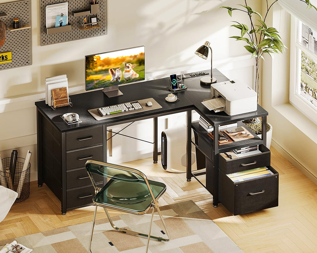 Coleshome 55 Inch L Shaped Office Desk with 6 Drawers, Power Outlet, White