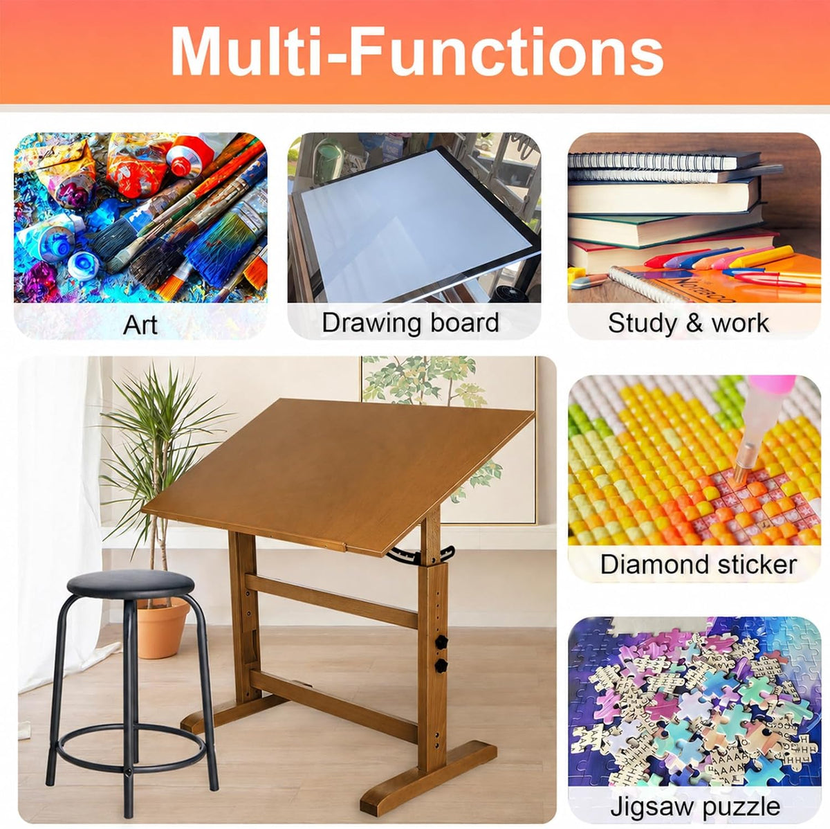 Falling in Art 30" x 42" Wooden Drafting Table and Stool Set, Walnut