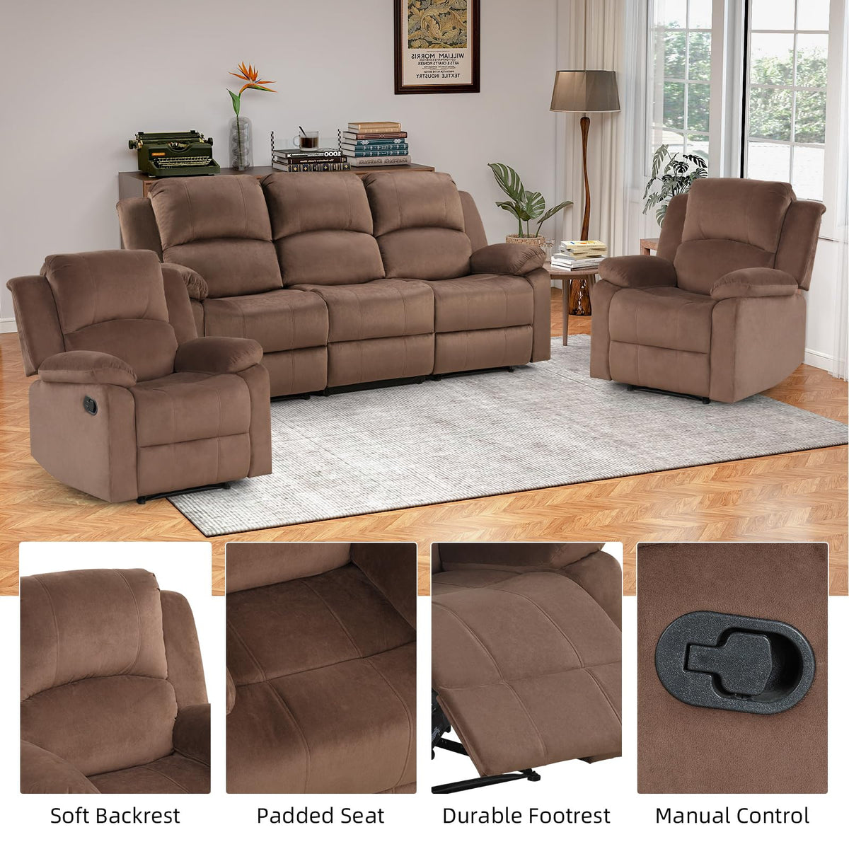 EBELLO Manual Faux Leather Reclining Couch Set for Living Room, Include 1 Recliner Chair, 1 Loveseat Sofa, Recliner Sofa Furniture Set for Home and Office, Black