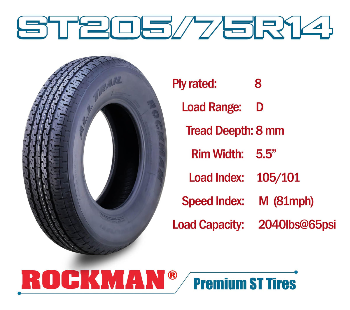 ROCKMAN Trailer Tire ST205/75R15 8-Ply Load Range D 107M Radial 11166, Set4