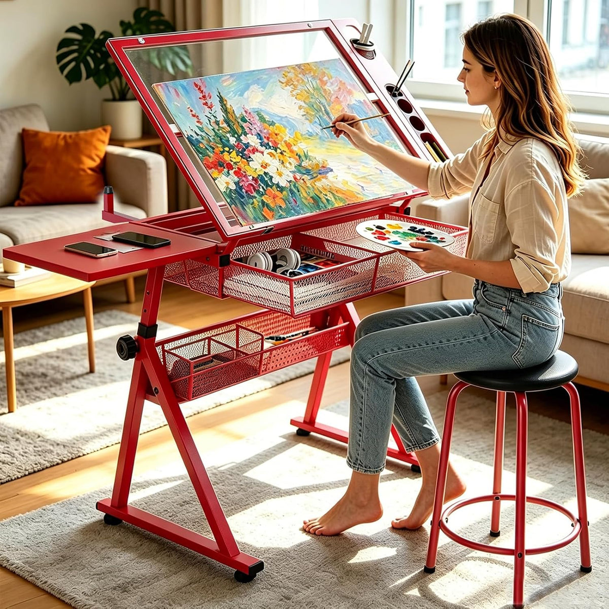 Drafting Table with 2 Metal Storage Drawers & Stool for Adult Teen, Red