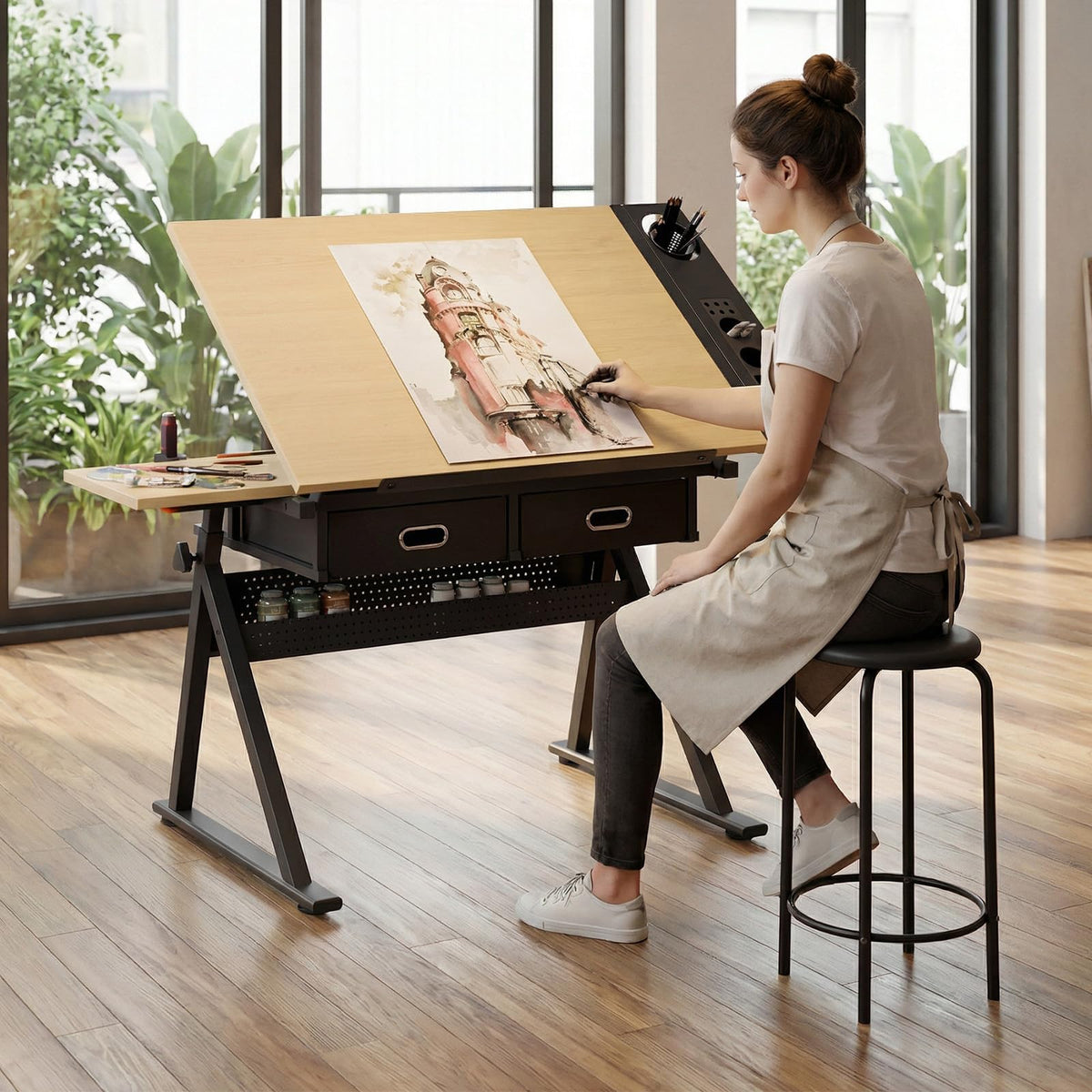 Drafting Table with Stool Height Adjustable Art Craft Desk with Storage, Tilting MDF Tabletop, Expansion Board, Drawing Table for Home Office, Artists, Painters (Rustic Brown)