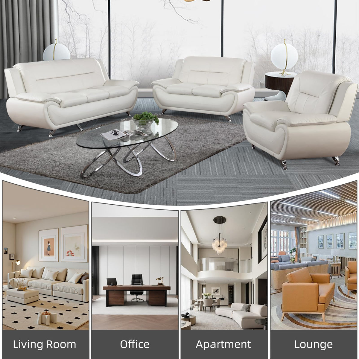 Modern Leather Sofa Set, Living Room Furniture, 3 - Piece Couch Set, Faux Leather Couch Loveseat Chair Set with Sturdy Legs for Living Room/Bedroom/Office,Black