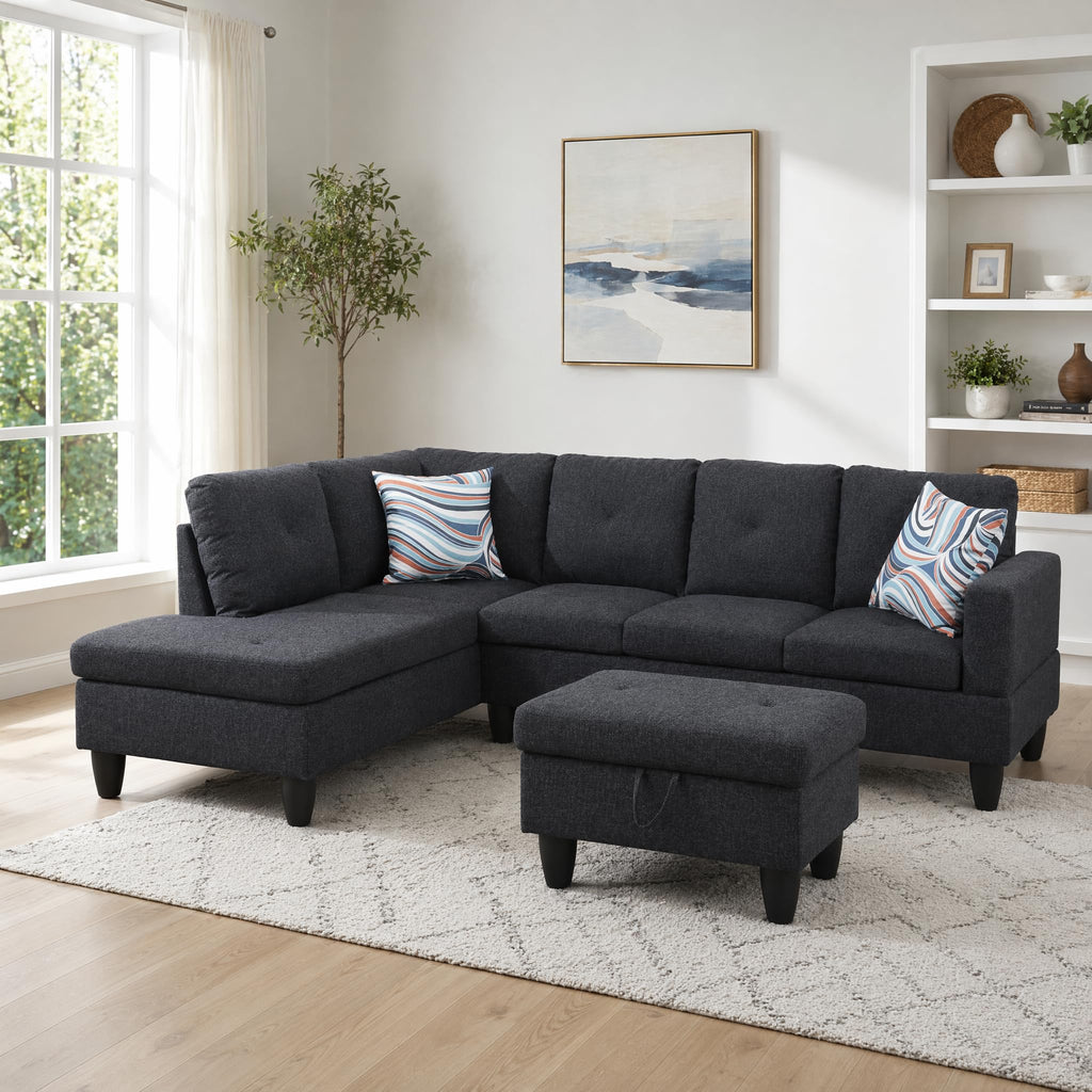97.5" Leather L Shaped Couch with Left Chaise & Cup Holder, Sectional Sofas Modular Furniture Set with Storage Ottoman, Convertible Couches for Living Room, Office & Small Space (Black)