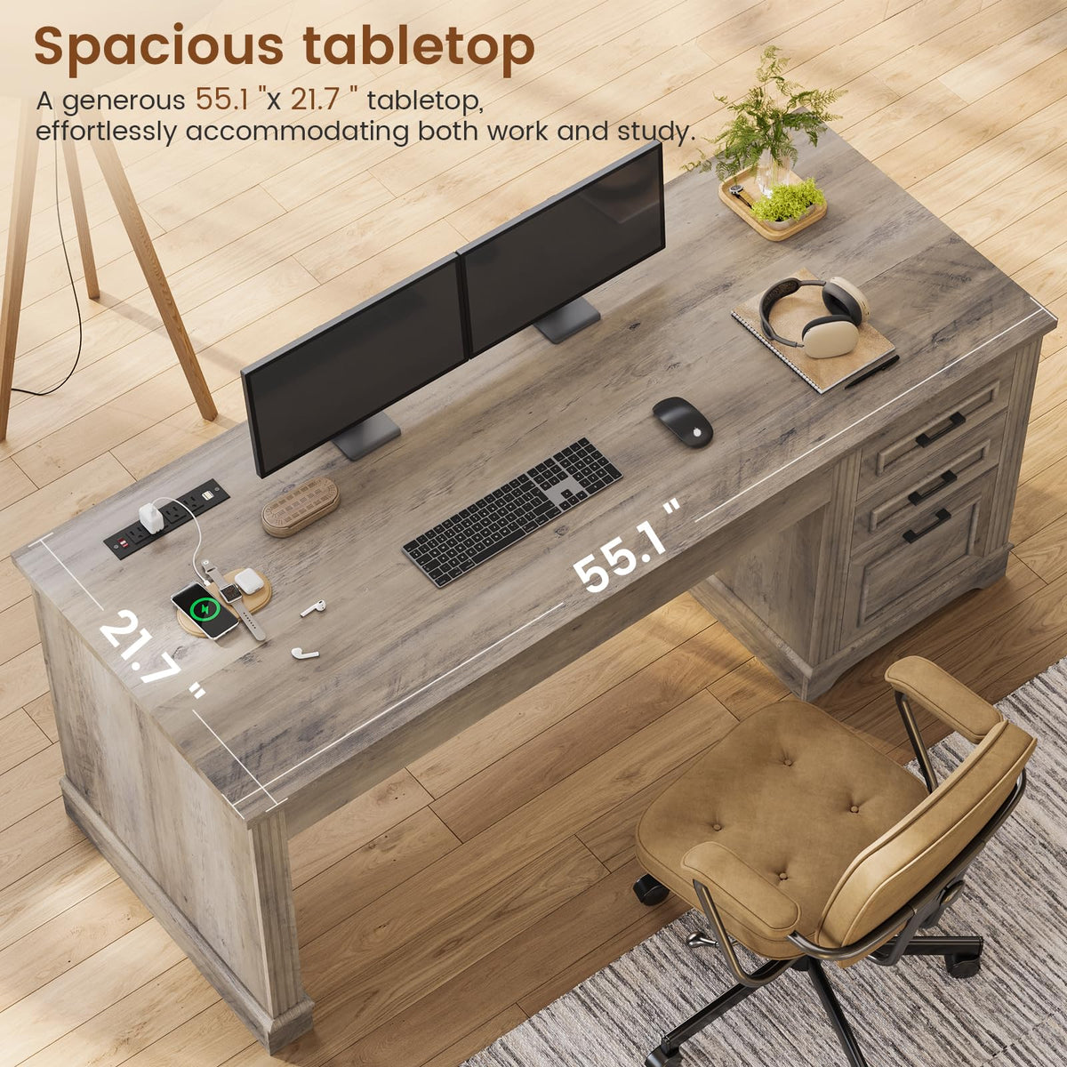 Itaar Farmhouse L Shaped Desk, Executive Computer Desk with Drawers and Storage Cabinet, Home Office Desk with File Drawer and Power Outlet, Corner Desk, Workstation for Office Home, Grey