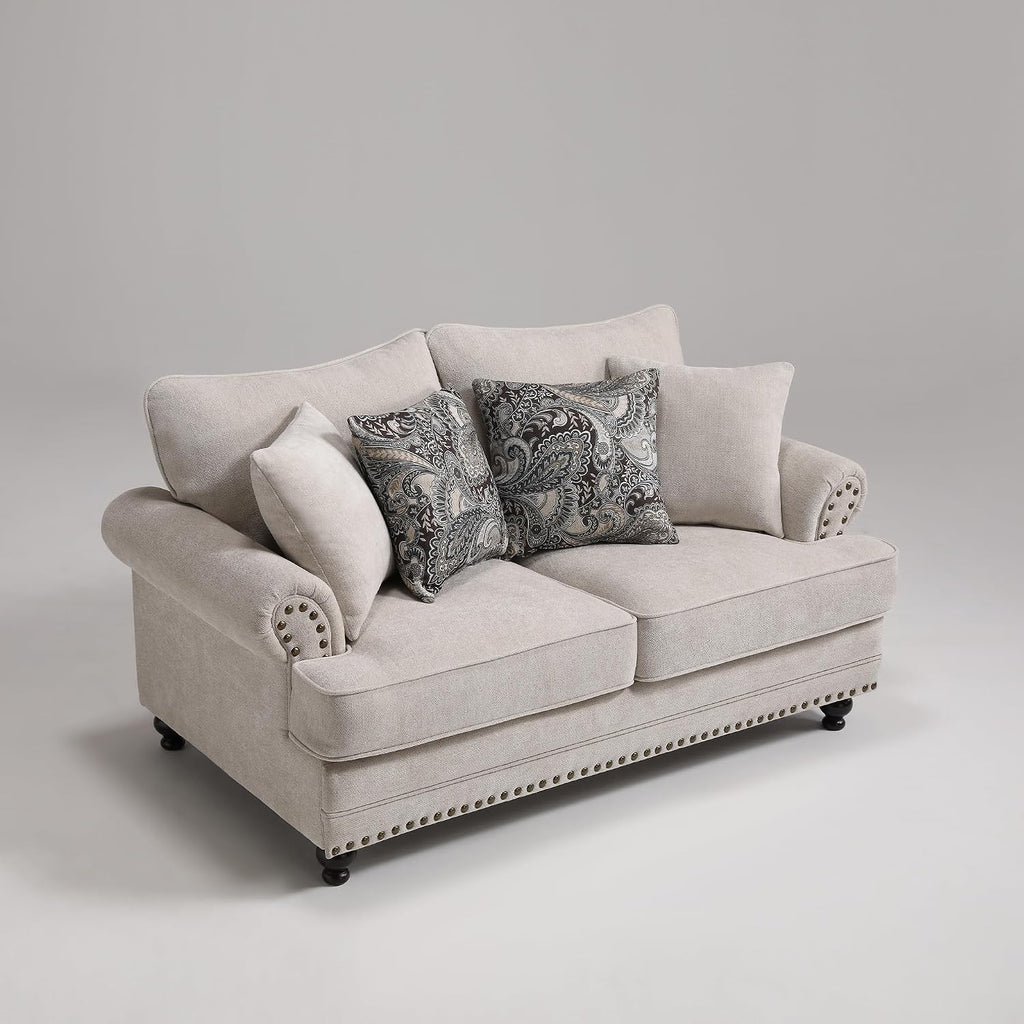 Modern Farmhouse Loveseat Sofa, Chenille Upholstery with Nailhead Trim, Small Couch for Living Room, Bedroom, Office, or Apartment, Includes 4 Accent Pillows