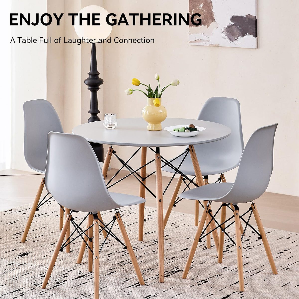5-Piece Round Dining Set, 35.5" Black Table & Light Gray Chair