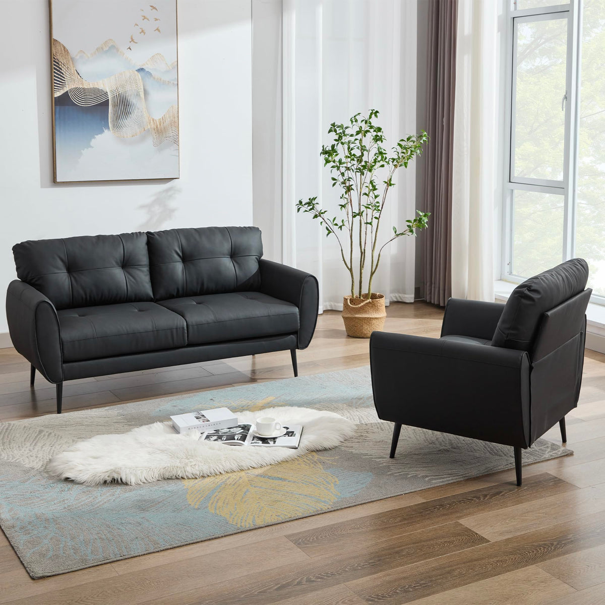 61'' Small Leather Loveseat and Chair, 3 Piece Living Room Sets, Black