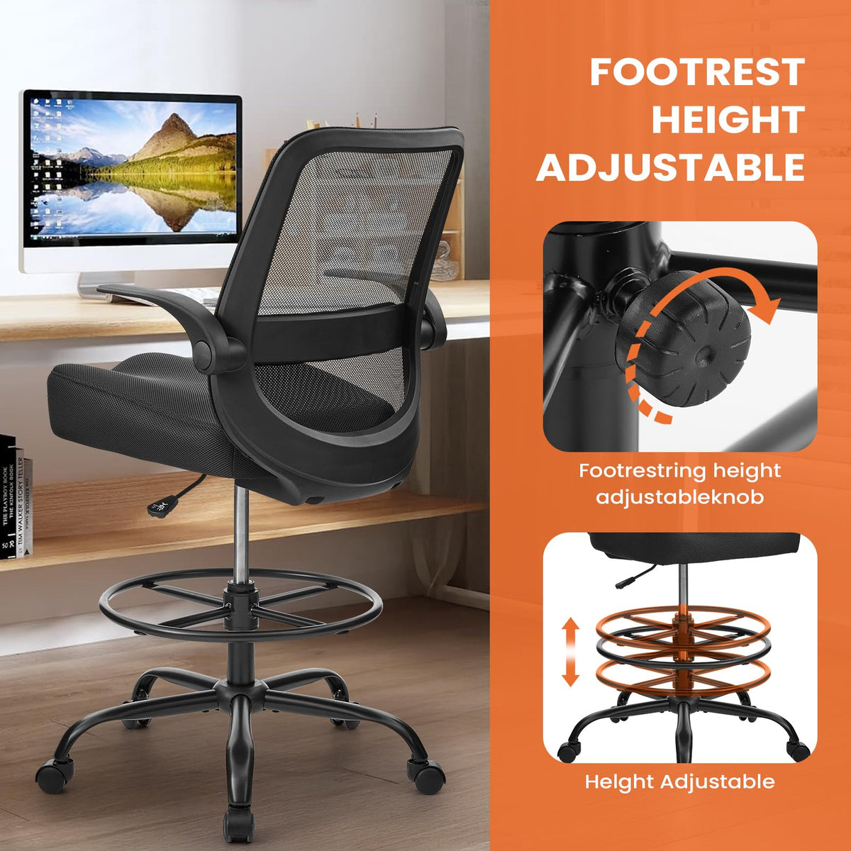 Drafting Chair Tall Office Chair for Standing Desk, Ergonomic Tall Desk Chair with Adjustable Foot Ring, Flip-Up Armrests, Lumbar Support, Swivel Rolling Task Chair for Home Office