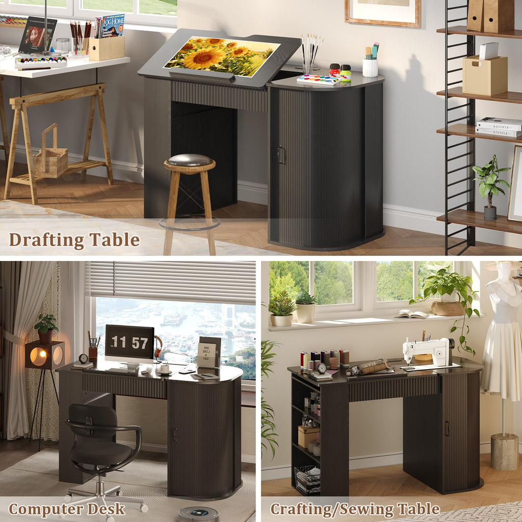 Fluted Drafting Table with Storage, Adjustable Drawing Desk (Walnut)