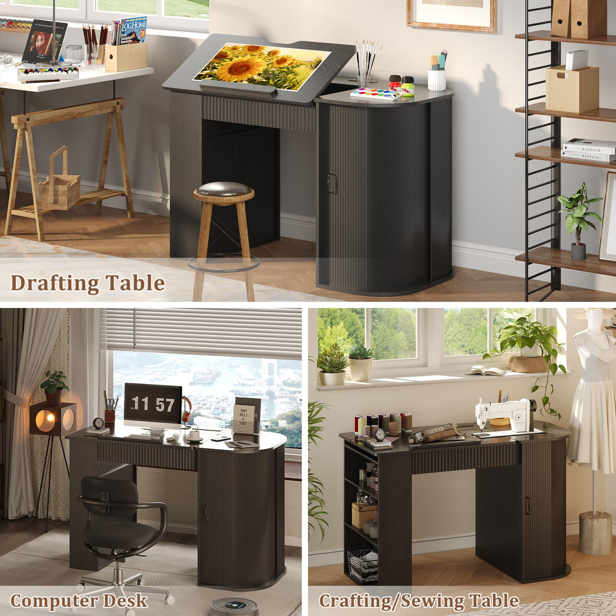 Drafting Table with Storage Cabinet & Drawers, Crafting Table with Open Shelves, Fluted Drawing Desk Computer Desk for Artists, Painters, Drawing, Crafting, Reading, Writing, Working