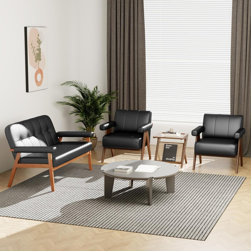 STHOUYN Faux Leather Accent Chairs Set of 2, Wooden Arm Chairs (Black)