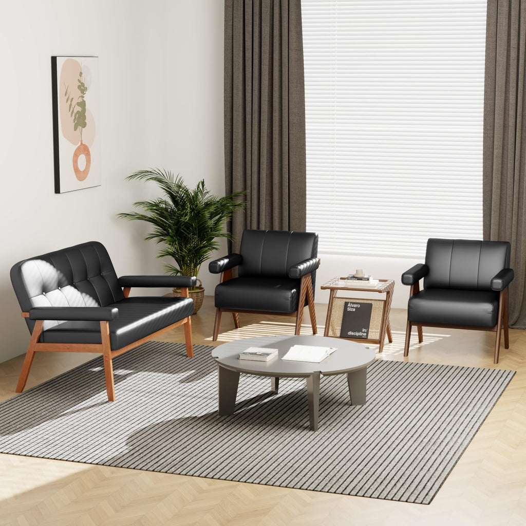 STHOUYN Faux Leather Accent Chairs Set of 2, Wooden Arm Chairs (Black)