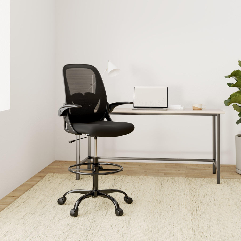 Drafting Chair Tall Office Chair with Flip-up Armrests, Adjustable Height, and Enhanced Lumbar Support - Ergonomic Rolling Stool, Back Support, and Adjustable Foot Rest Ring for Standing Desk White