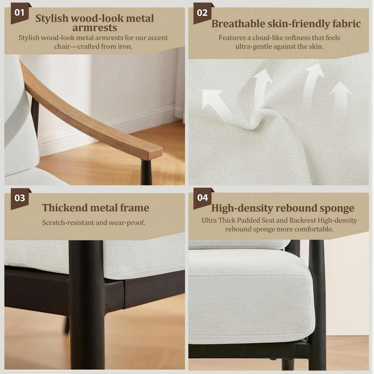 RNKSFX Modern Accent Chairs Set of 2 for Living Room Bedroom Mid Century Arm Chairs Upholstered Office Accent Chairs Comfy Waiting Room Chairs with Metal Frame, Beige