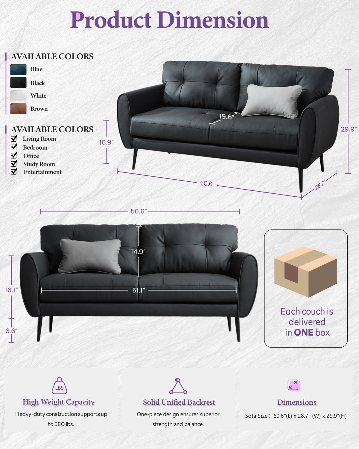 61'' Small Leather Loveseat and Chair, 3 Piece Living Room Sets, Black