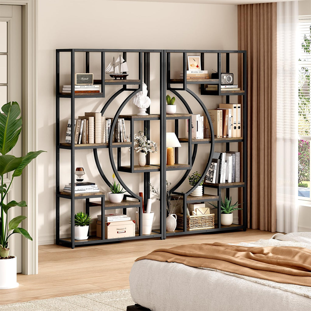 LGHM Industrial 5-Tier Bookshelf with Storage, 70.9 Inch Tall Large Display Bookcase - Modern Metal Standing Shelves for Living Room, Office and Bedroom, Set of 2, Greige