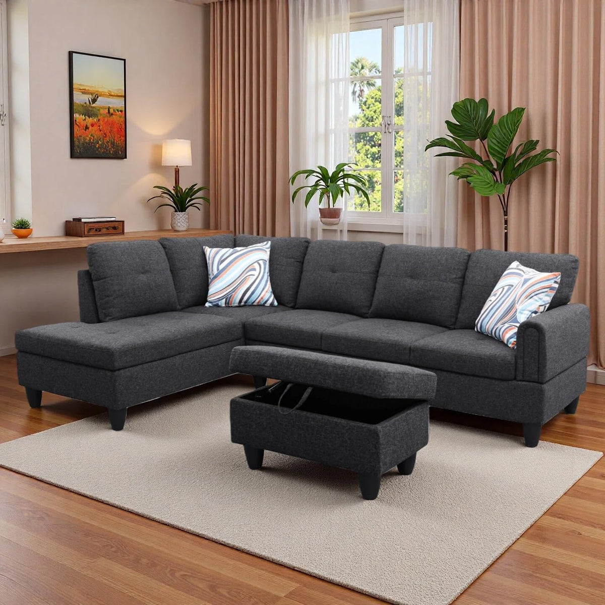 97.5" L-Shaped Modular Sectional Sofa with Movable Chaise & Storage Ottoman, 3 Piece Convertible Leather Couch, 4 Seat Gloss Black Living Room Furniture Set for Apartment Home Office
