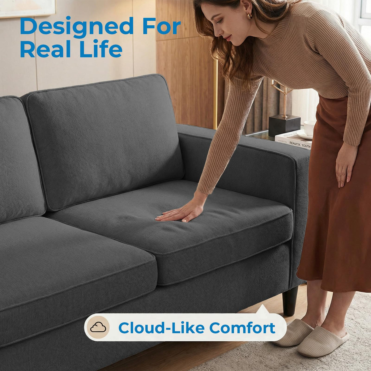 Mjkone 78"W 3 Pieces Sofa Couches Set for Living Room Sets Furniture, Sectional L Shaped 3-Seater Small Sofas Couch and Loveseat Sets with Storage Ottoman and Side Pockets for Home Office, Light Gray