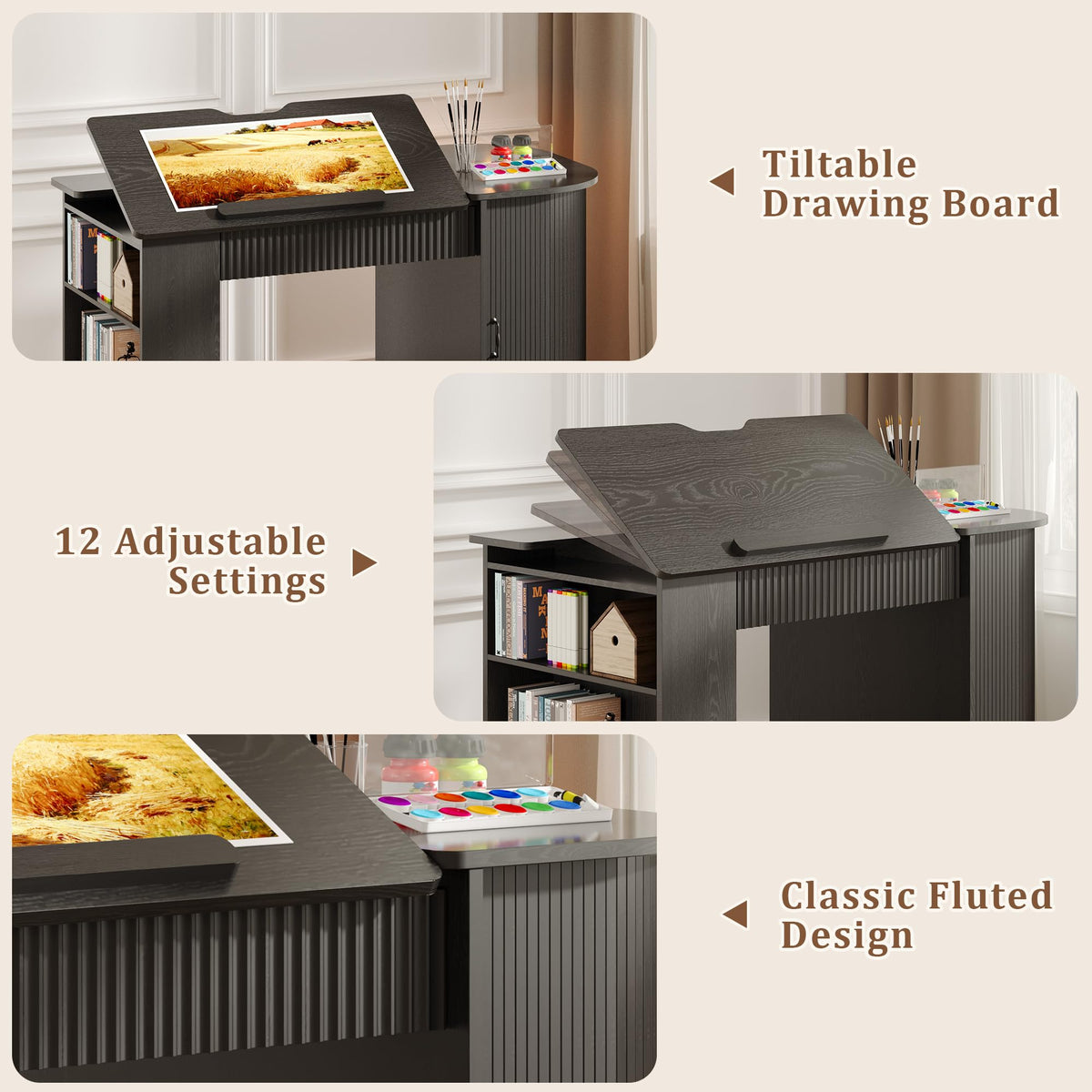 Drafting Table with Storage Cabinet & Drawers, Crafting Table with Open Shelves, Fluted Drawing Desk Computer Desk for Artists, Painters, Drawing, Crafting, Reading, Writing, Working