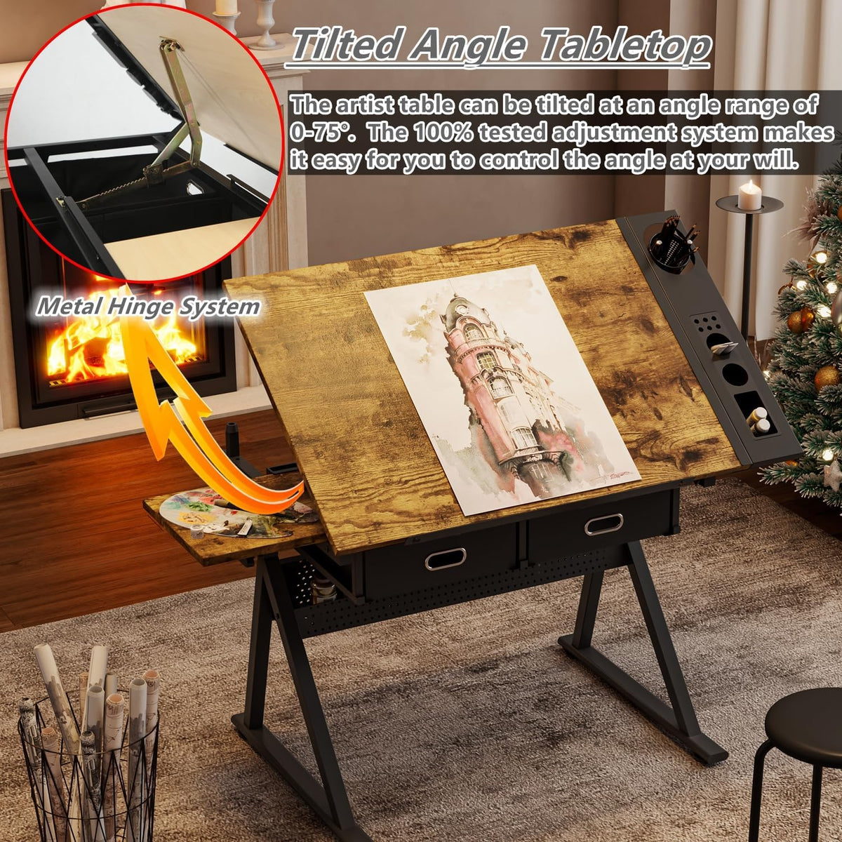 Height Adjustable Art Table Drafting Table with Stool, Rustic