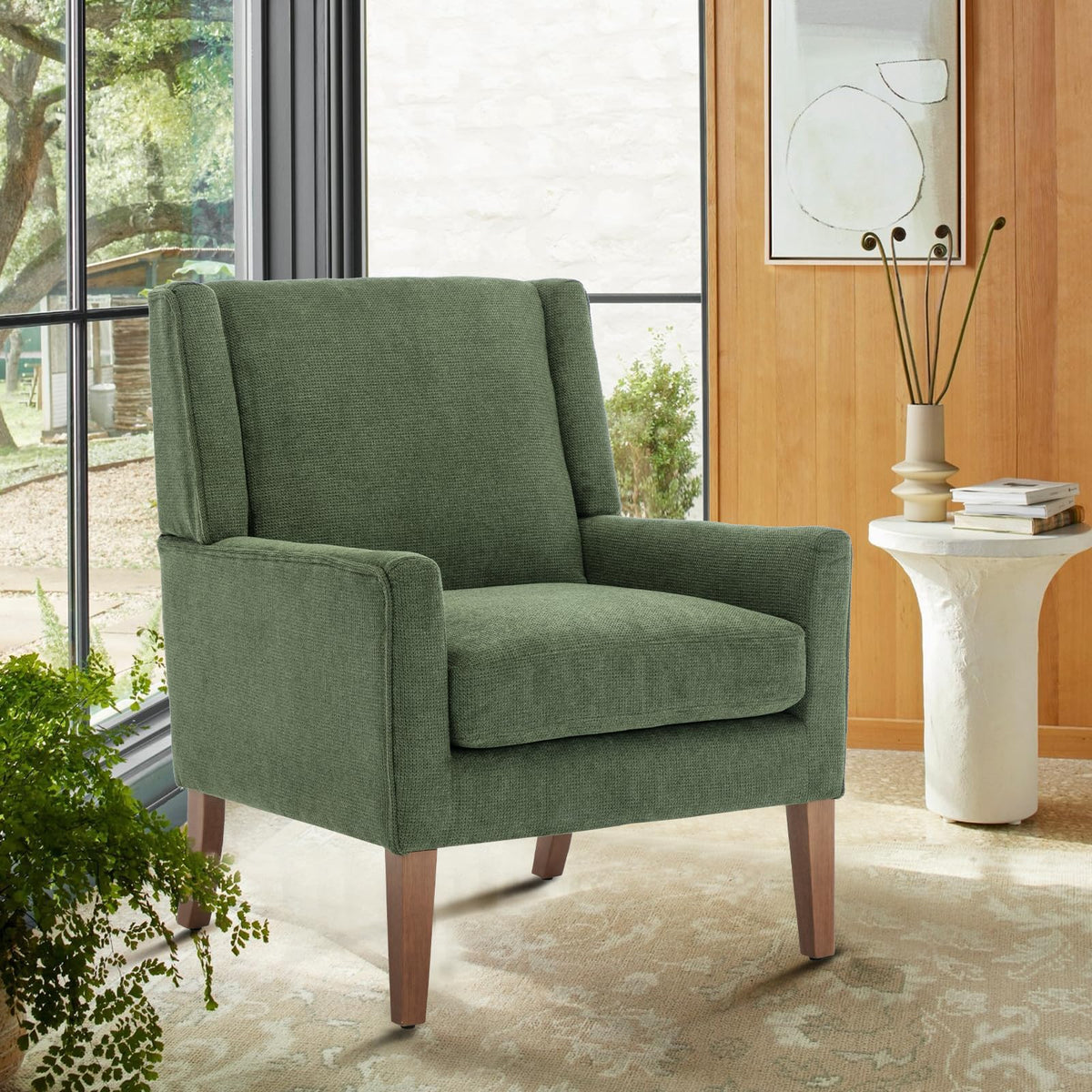 COLAMY Modern Wingback Living Room Chair, Upholstered Fabric Accent Armchair, Single Sofa Chair with Lounge Seat and Wood Legs for Office/Bedroom/Reading Spaces, Beige