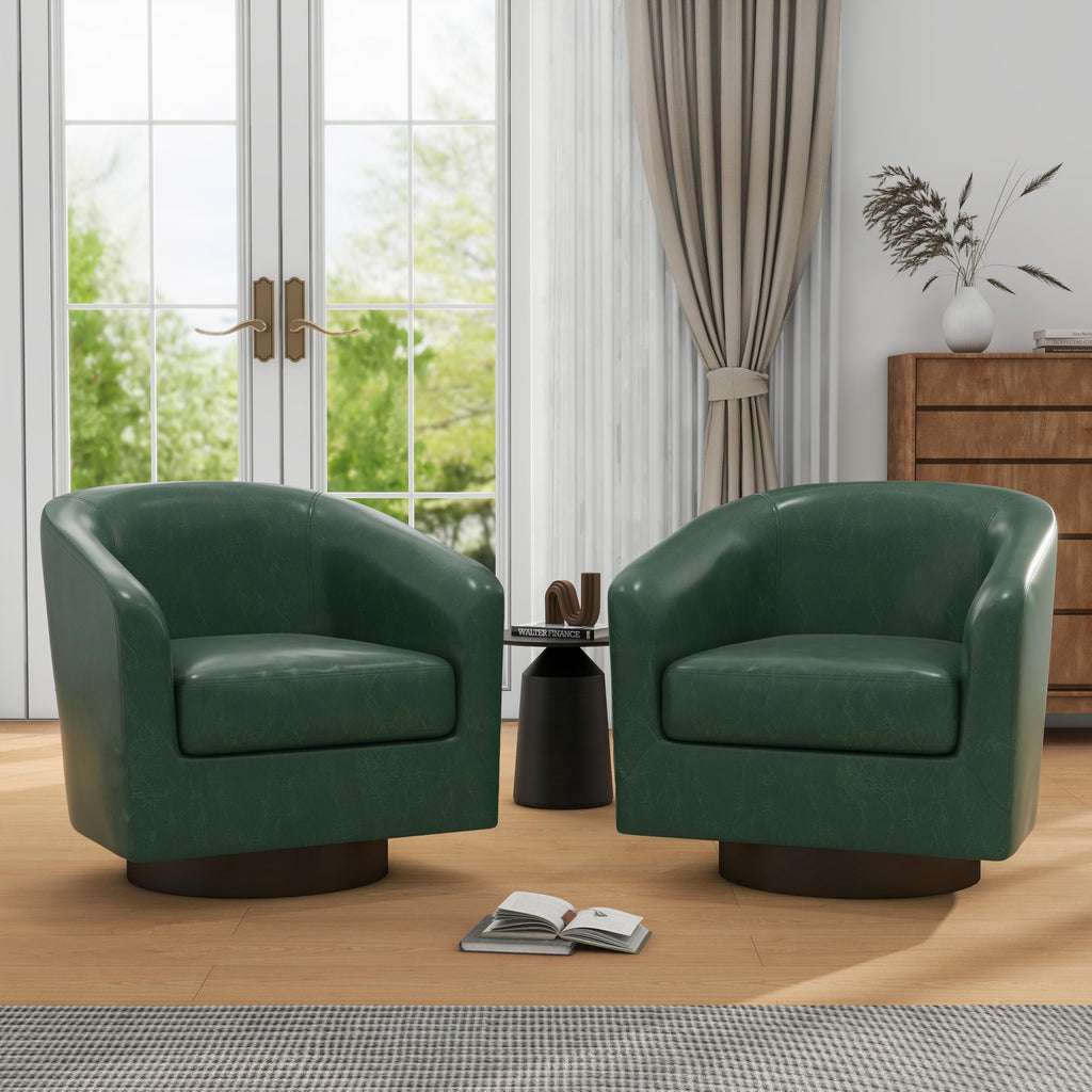 Faux Leather Swivel Accent Chairs Set of 2, Barrel Armchair, Brown