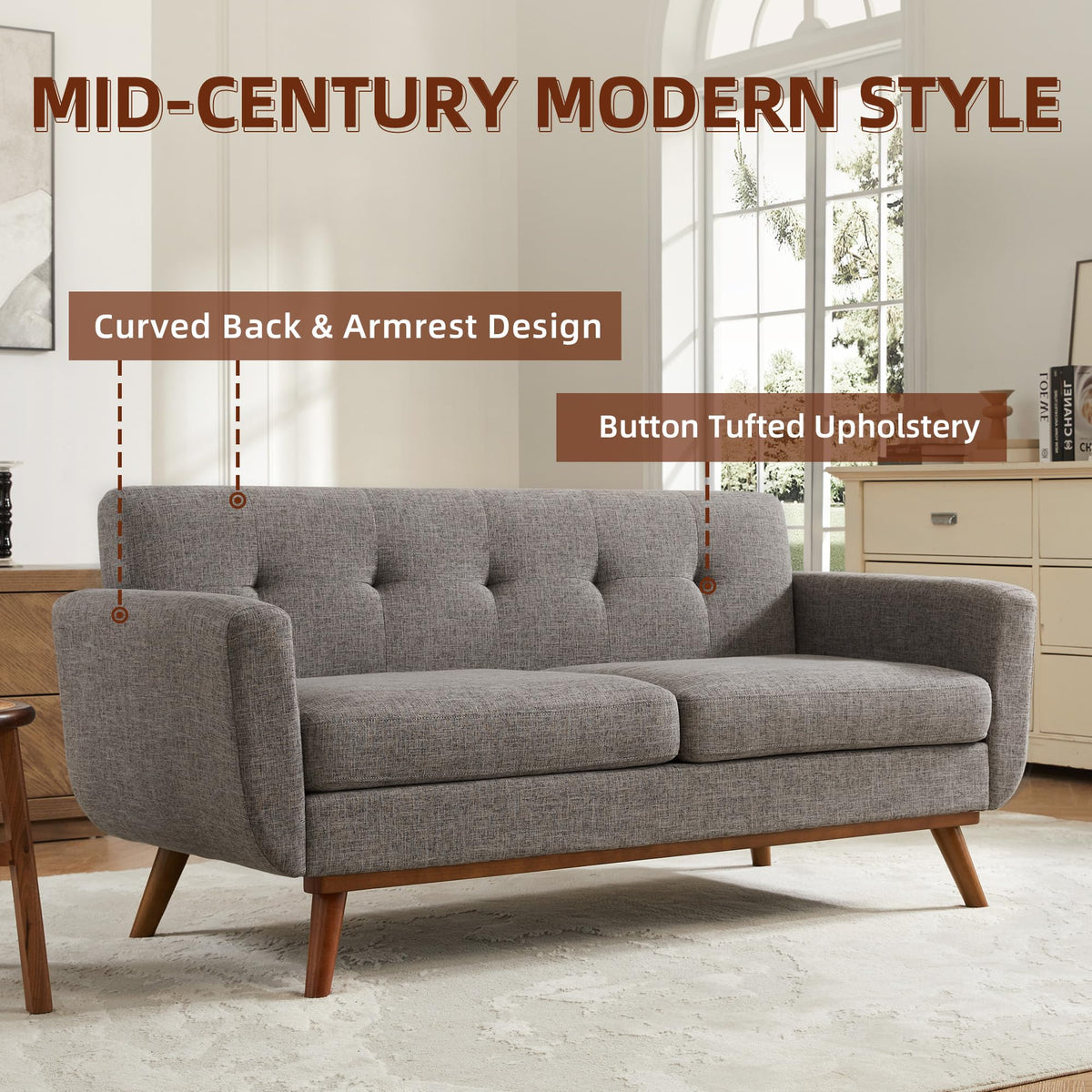 Kingfun 2 Piece Loveseat and Sofa Sets, Mid Century Modern Love Seat Couches for Living Room, Button Tufted Upholstered Furniture, Small Couch for Bedroom, Office, Beige